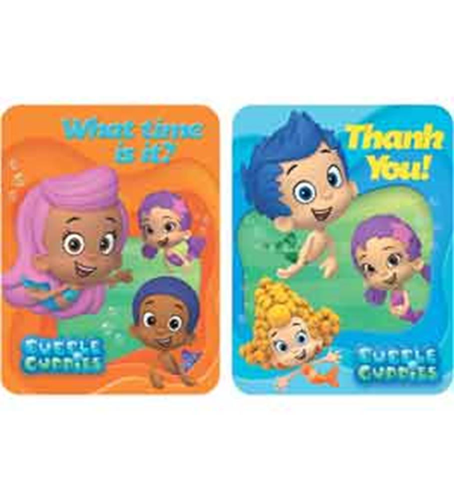Two Bubble Guppies cards; one orange with "What time is it?" text, the other blue with "Thank You!" text, featuring colorful .