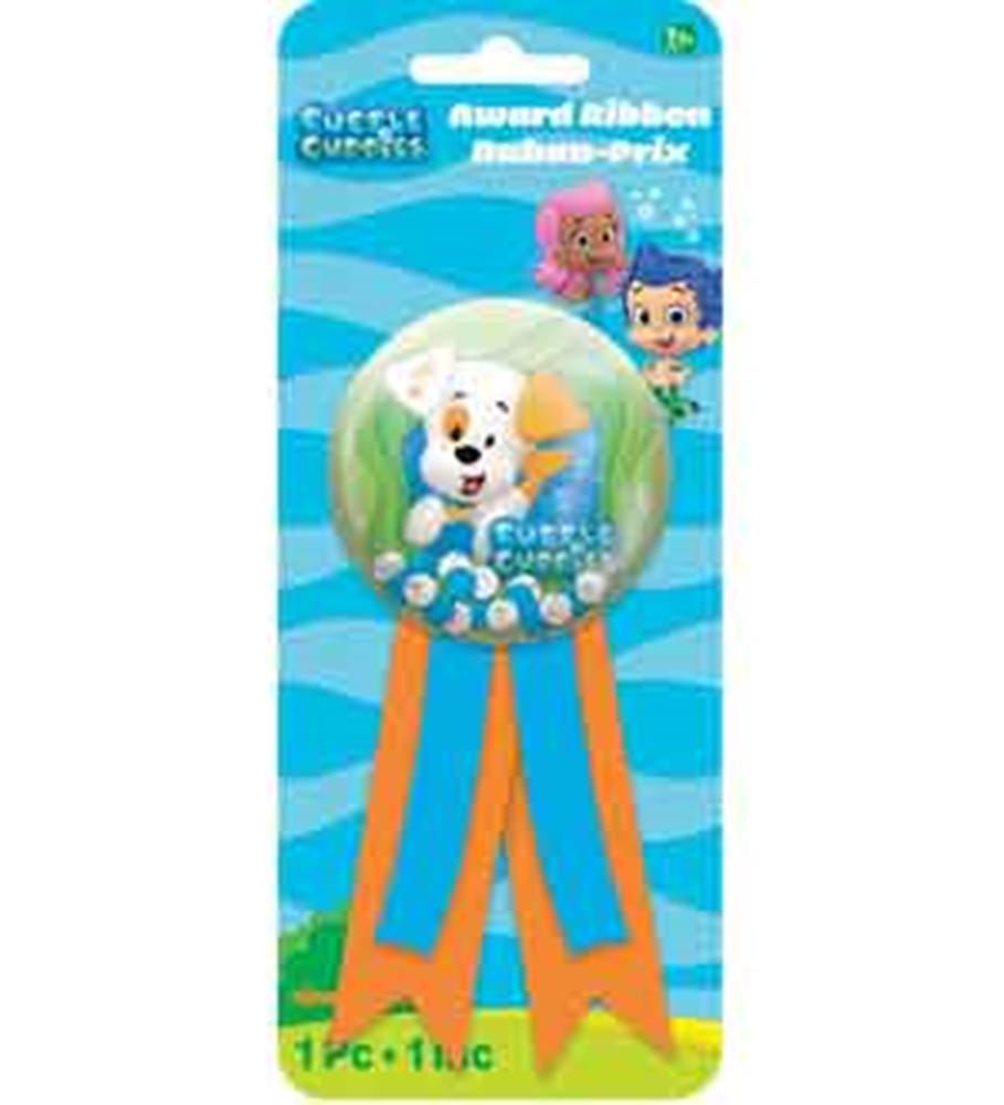 Bubble Guppies award ribbon with orange tails and dog character on green rosette background.
