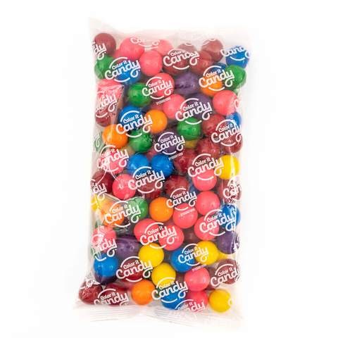 Clear plastic bag filled with colorful assorted round gumballs in red, blue, green, yellow, orange, and purple.