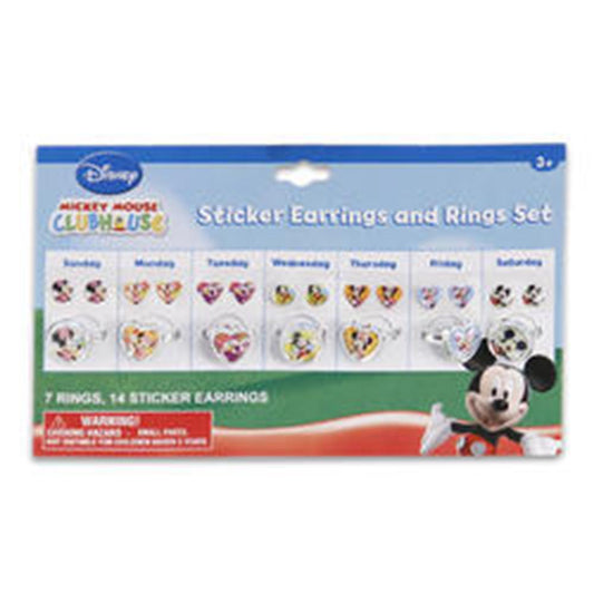 Disney Mickey Mouse Clubhouse sticker earrings and rings set with colorful day-themed designs for boys’ parties.