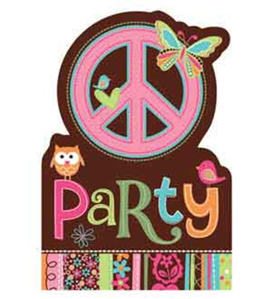 Colorful birthday invitation card with pink peace sign, butterfly, owl, and "party" text on dark background.