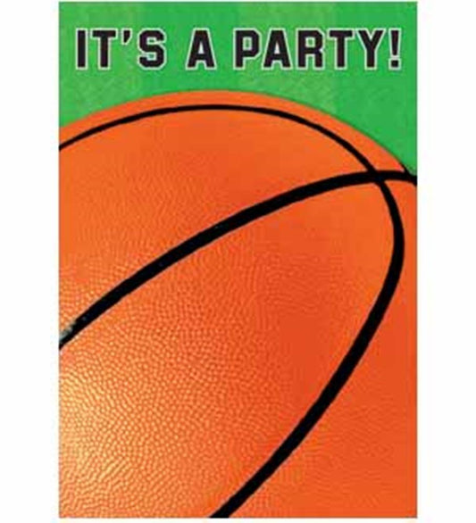 Folded birthday invitation featuring close-up of an orange basketball on green background with "It's a Party!" text.