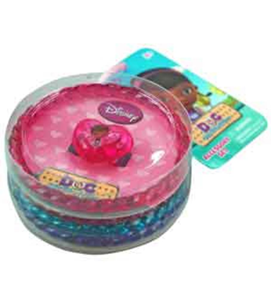 Set of four colorful plastic bangles and one pink ring featuring Doc McStuffins character design.