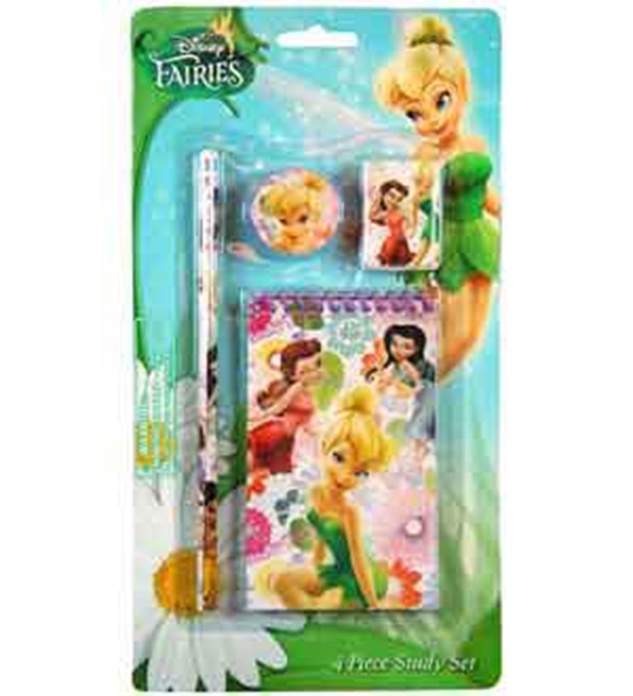 Tinkerbell study kit with pencil, notebook, and circular eraser featuring colorful Disney Fairies illustrations in green and