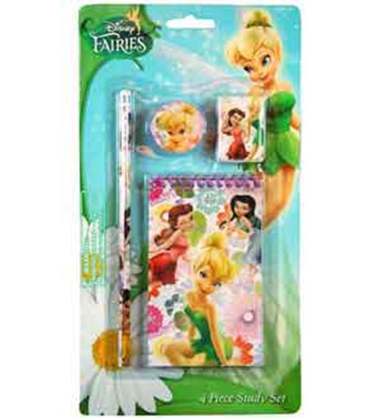 Tinkerbell study kit with pencil, notebook, and circular eraser featuring colorful Disney Fairies illustrations in green and