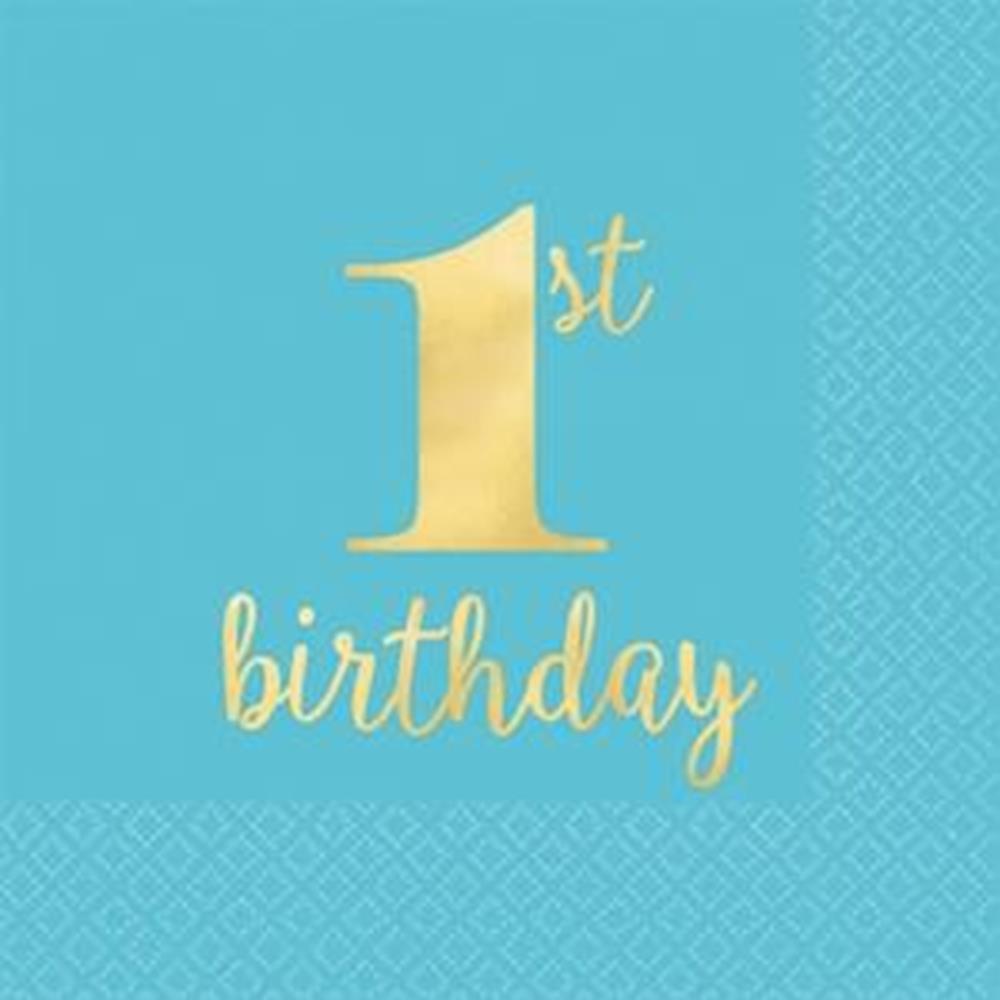 Gold 1st Birthday Bev Napkin 16ct Blue