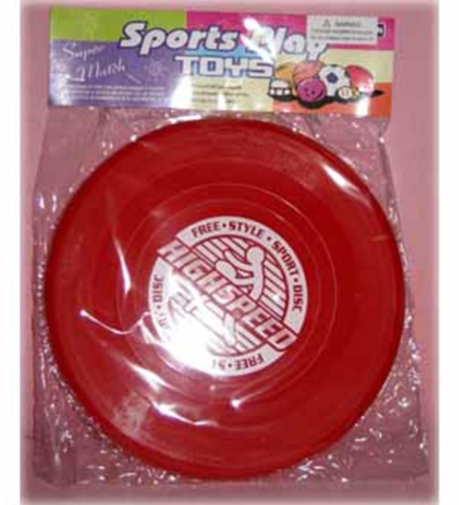 Red plastic flying saucer with white circular logo and text in the center, packaged in clear plastic.