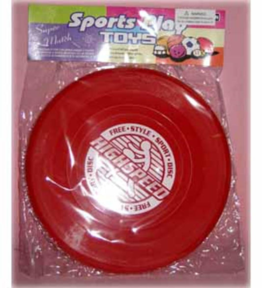 Red plastic flying saucer with white circular logo and text in the center, packaged in clear plastic.