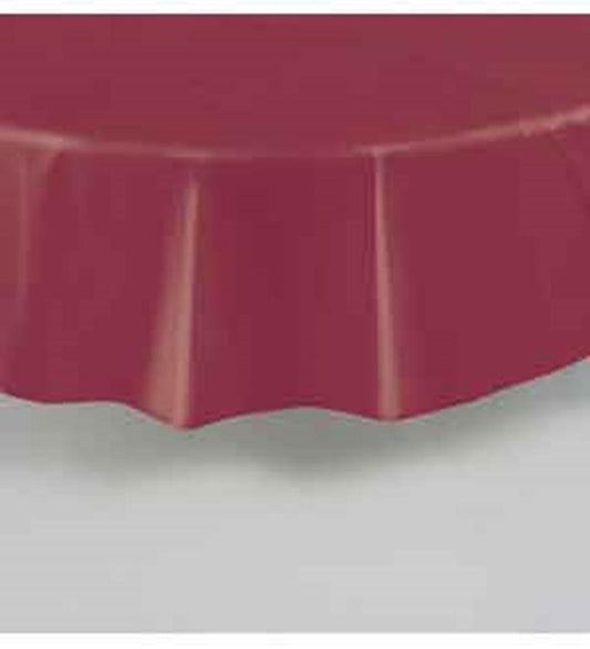 Round burgundy tablecloth with smooth fabric and subtle sheen, 84-inch diameter.
