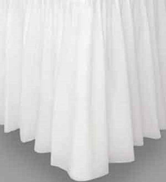 Bright white pleated fabric tableskirt with a smooth, flowing texture and 29-inch drop length.