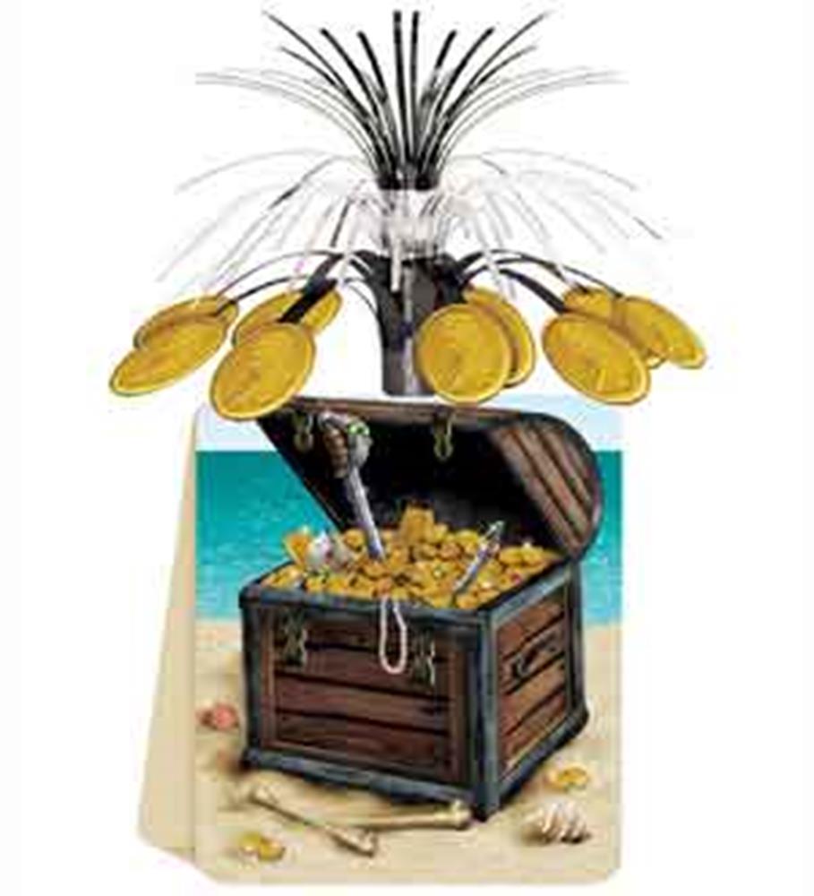 Pirate-themed centerpiece with a wooden treasure chest overflowing with gold coins and jewels, decorated with gold coin.