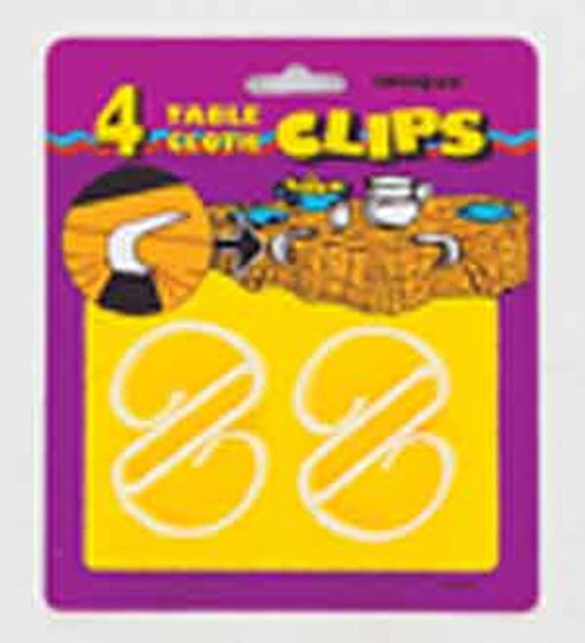 Four yellow plastic tablecloth clips with a simple hook design on purple backing card.
