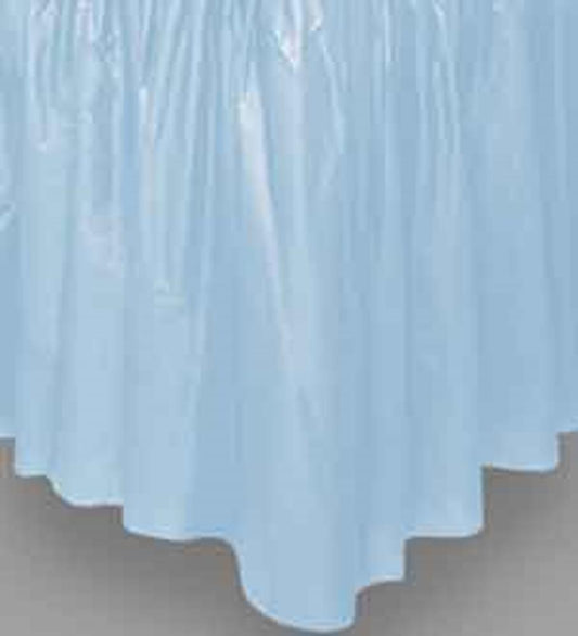 Light baby blue plastic tableskirt with gathered pleats and 29-inch drop length.
