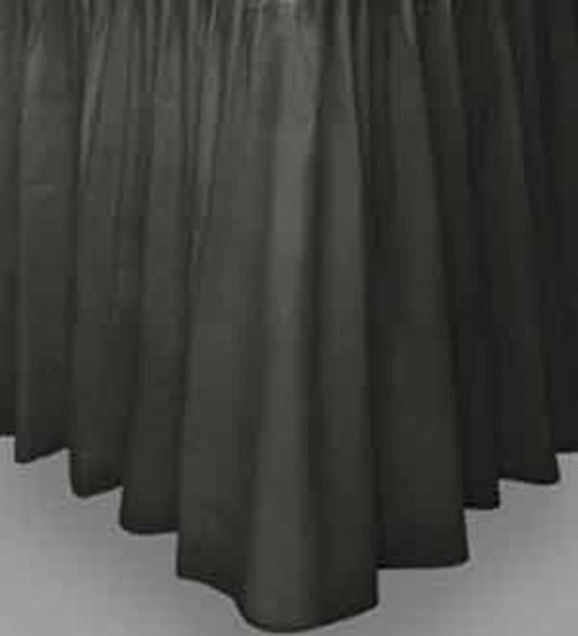 Midnight black fabric tableskirt with gathered pleats and smooth texture, 29in x 14ft.