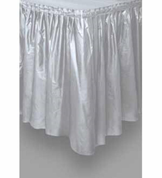 Silver shiny pleated fabric tableskirt measuring 29 inches high and 14 feet long.