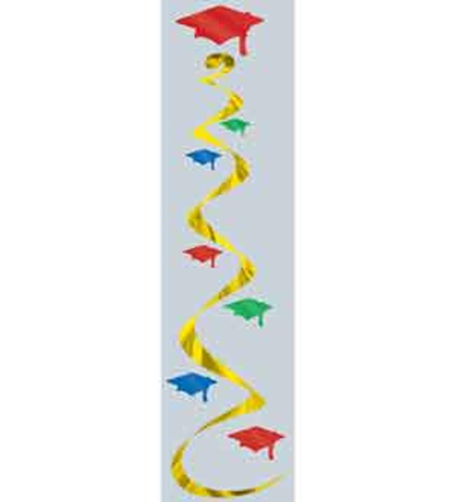 30-inch yellow swirl decoration with hanging colorful graduation caps in red, blue, green, and yellow.
