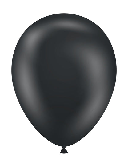Matte black 11-inch latex balloon with a smooth surface and teardrop shape.