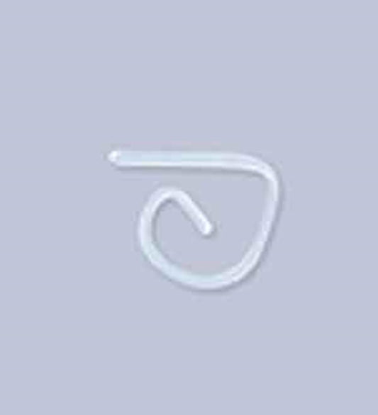 Clear flexible plastic tablecover clip with a curled hook design for securing tablecloths.