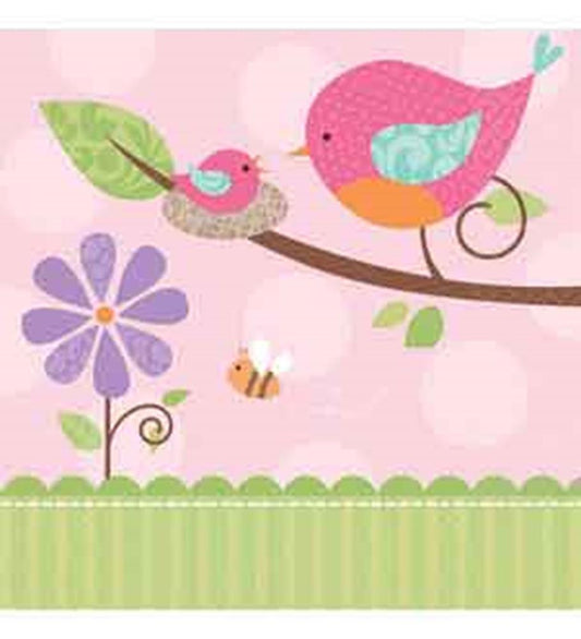 Pink baby napkin with colorful bird, flower, bee, and green scalloped border design.