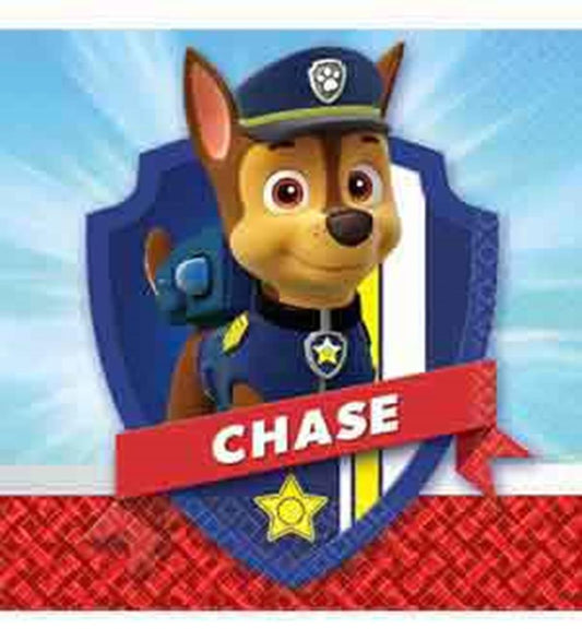 Paw Patrol napkin featuring Chase in police uniform with shield and red banner on blue background.