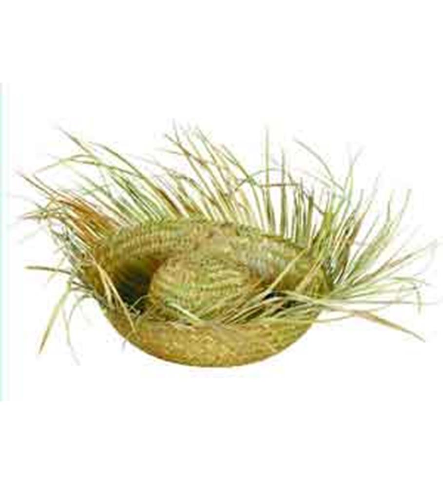 Natural woven straw hat with frayed edges and a wide brim for sun protection.