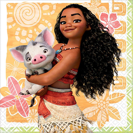 Square napkin featuring Moana with long curly hair holding a smiling pig, set against orange and green tropical floral.