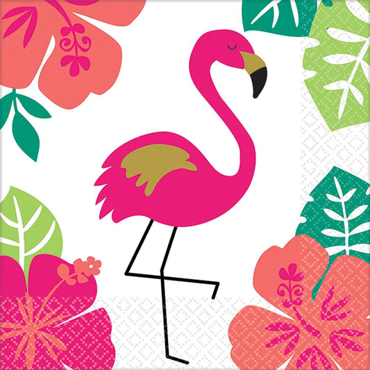 Square napkin with a pink flamingo, tropical green leaves, and vibrant coral hibiscus flowers on white background.