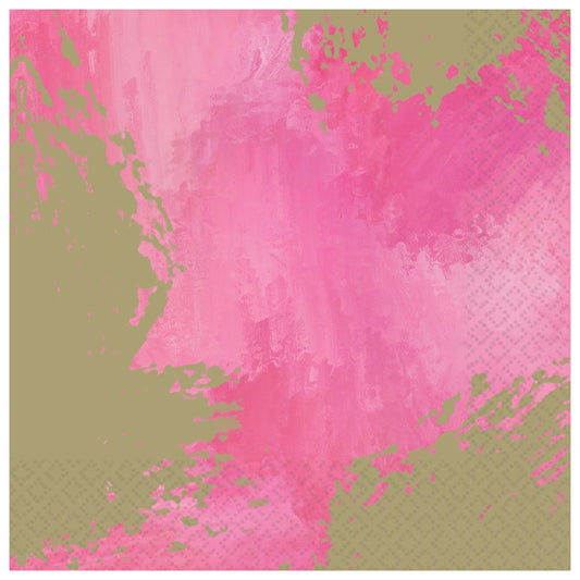 Pink napkin with abstract brushstroke pattern in gold and varying shades of pink.