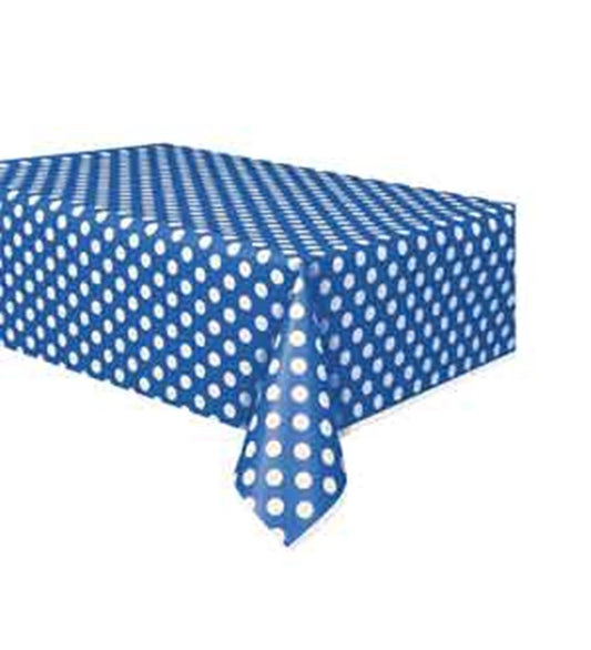 Rectangular royal blue plastic table cover with white polka dots, 54" x 108".