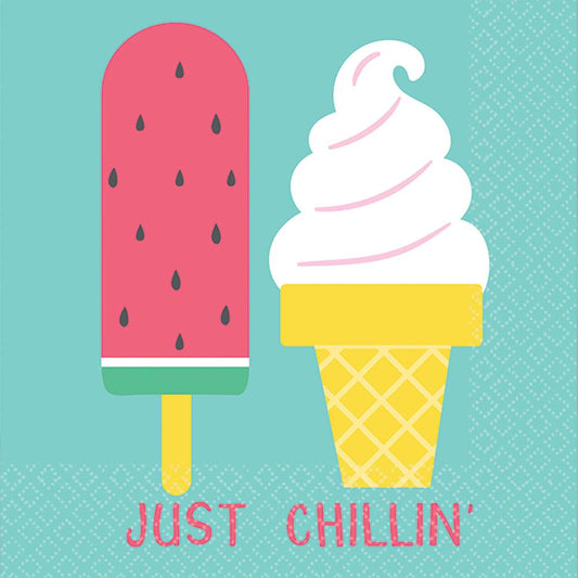 Square napkin with pink watermelon popsicle and white soft-serve ice cream cone on turquoise background, "Just Chillin'".