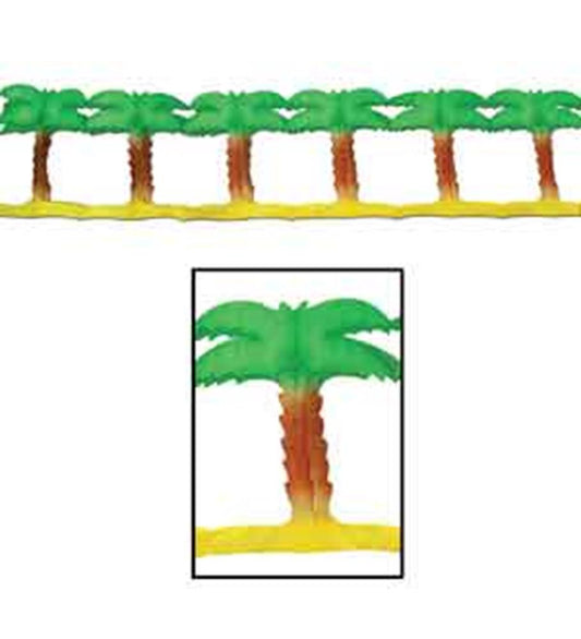 Tropical palm tree garland with green leaves, brown trunks, and a yellow base strip.