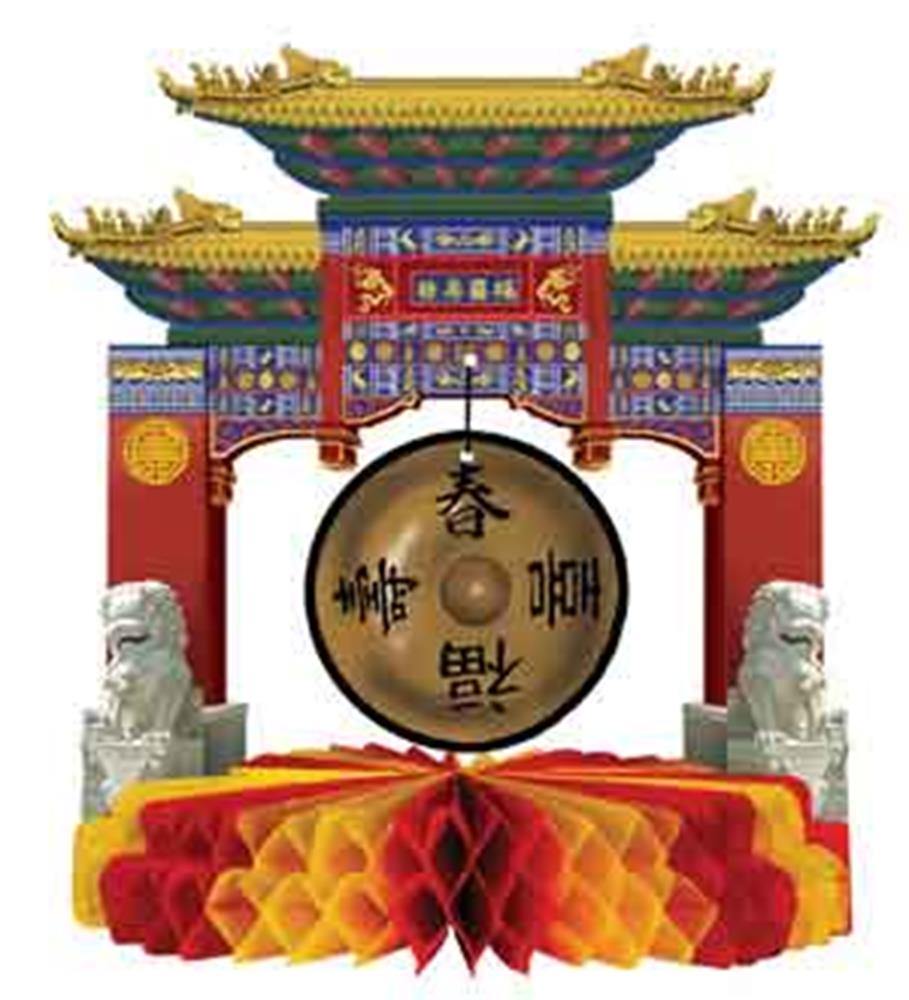 Decorative Asian gong centerpiece with large bronze gong, red and gold ornate pagoda frame, and two white stone lion statues