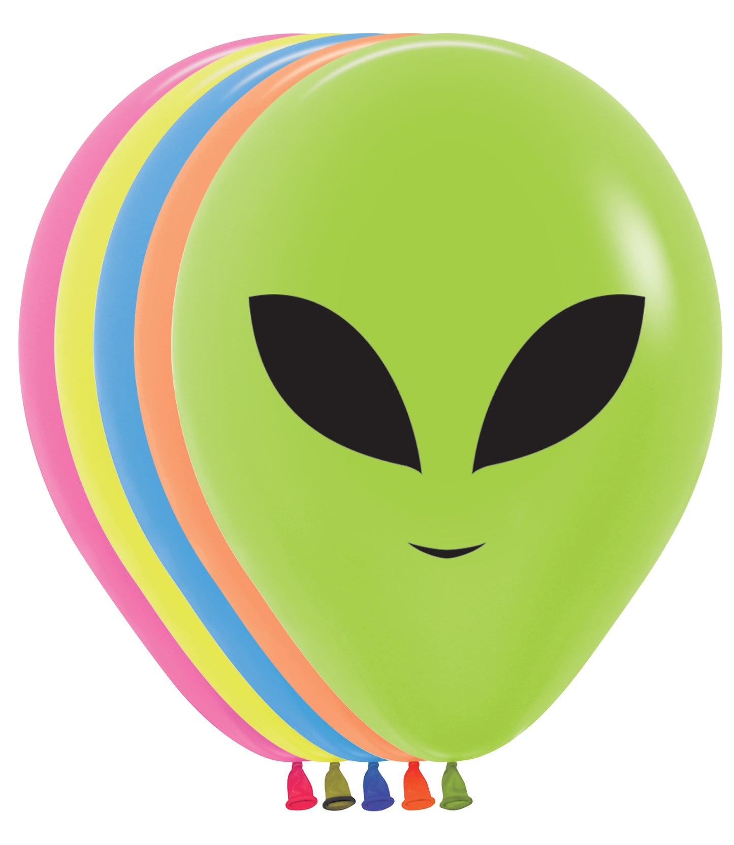 Set of five 5-inch latex balloons in green, blue, orange, yellow, and pink, featuring a black alien face design on the front.