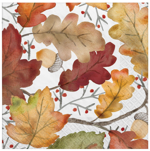 Small square beverage napkin with colorful watercolor autumn leaves in red, orange, yellow, and green on white background,.