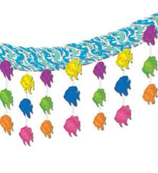 Colorful tropical fish garland with multiple vibrant fish shapes hanging from blue and white wave-patterned banner.