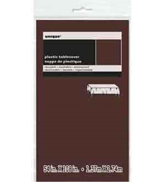 Solid rectangular plastic table cover in dark brown, 54" x 108" size, packaged with label and image showing table use.