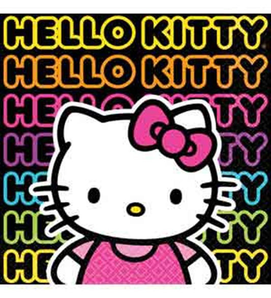 Small square napkins featuring large Hello Kitty face with pink bow, set against black background with colorful repeated.