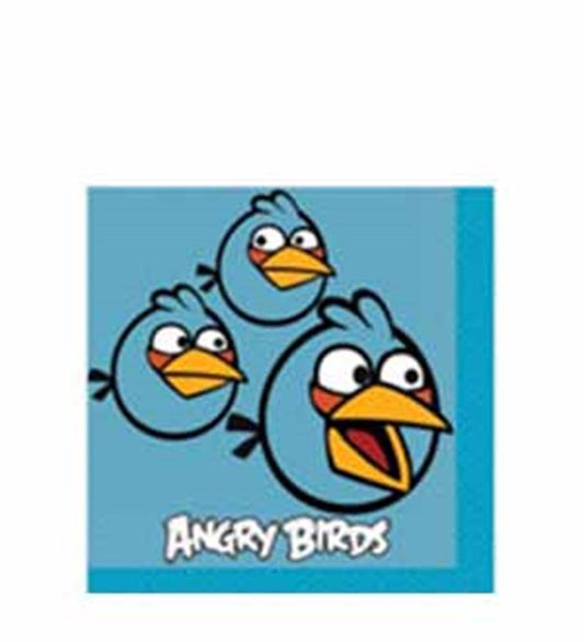 Blue square napkins with three cartoon angry birds and white "Angry Birds" text at the bottom.