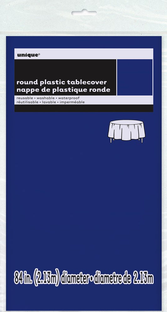 True navy blue round plastic tablecover, 84-inch diameter, smooth finish.