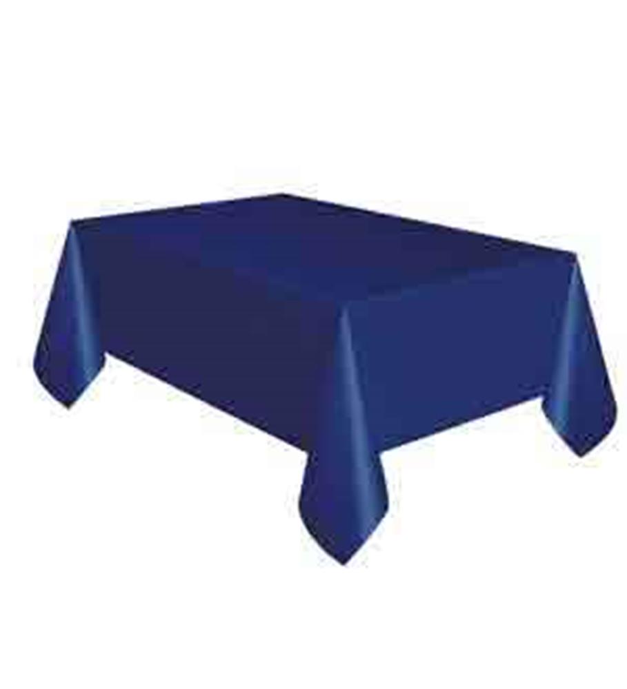 Rectangular navy blue tablecover with smooth, solid-color fabric draping over edges.