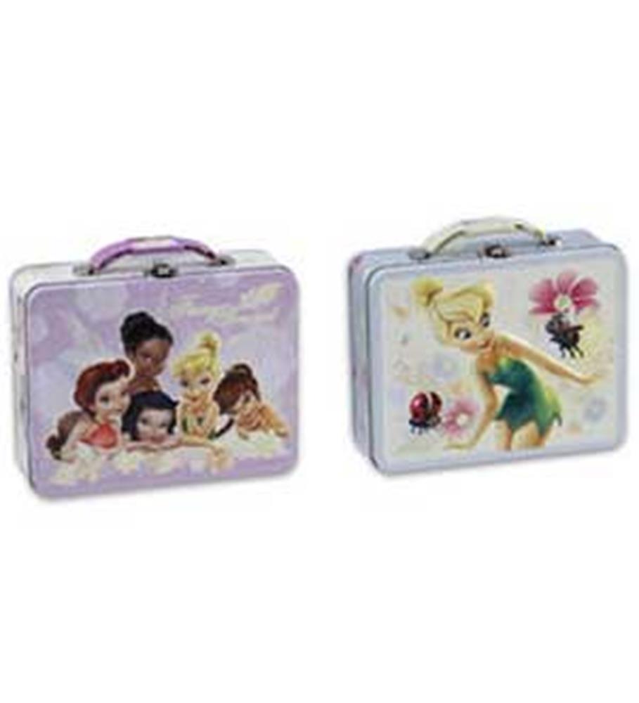 Two metal lunch boxes featuring Disney characters, one with five fairies on a purple background and the other depicting.