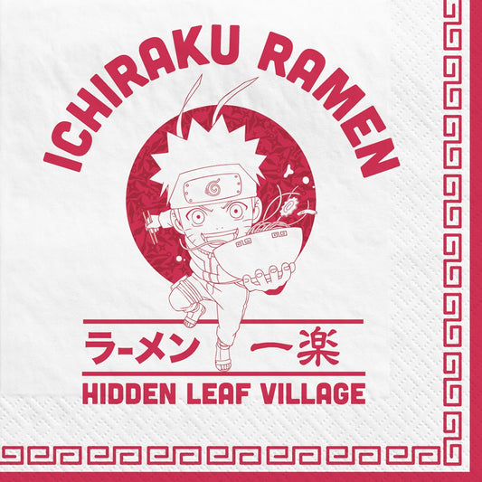 White beverage napkin with red design featuring Naruto character eating ramen, text "Ichiraku Ramen" and "Hidden Leaf.
