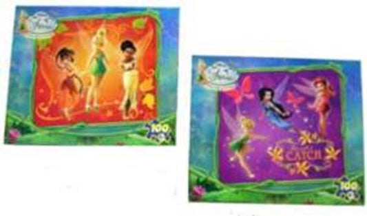 Two Disney Fairies 100-piece puzzles with colorful cartoon fairy characters on vibrant orange-green and purple-blue.