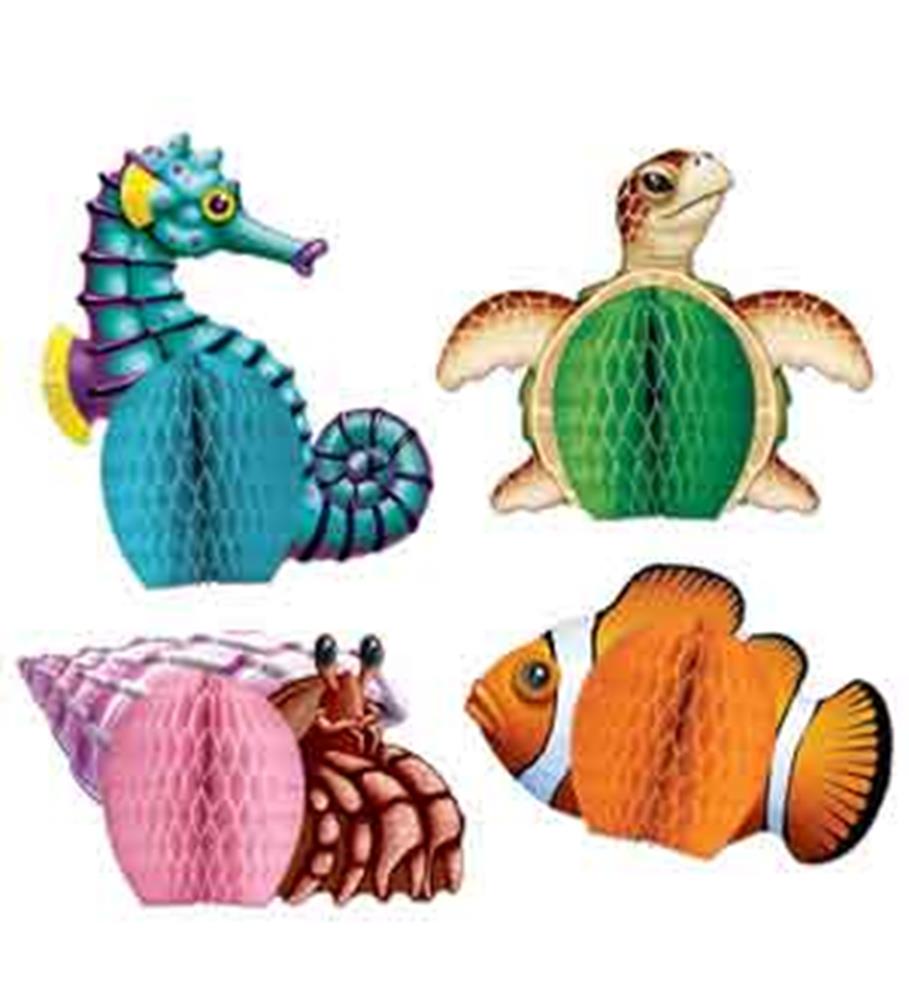 Colorful paper sea creature decorations shaped like a blue seahorse, green turtle, pink crab, and orange clownfish.