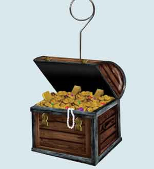 Wooden treasure chest with gold coins, a pearl necklace, and a metal photo holder loop.