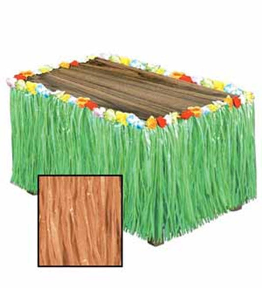 Natural green grass table skirt with colorful flower accents, 30x9 inches length and height.
