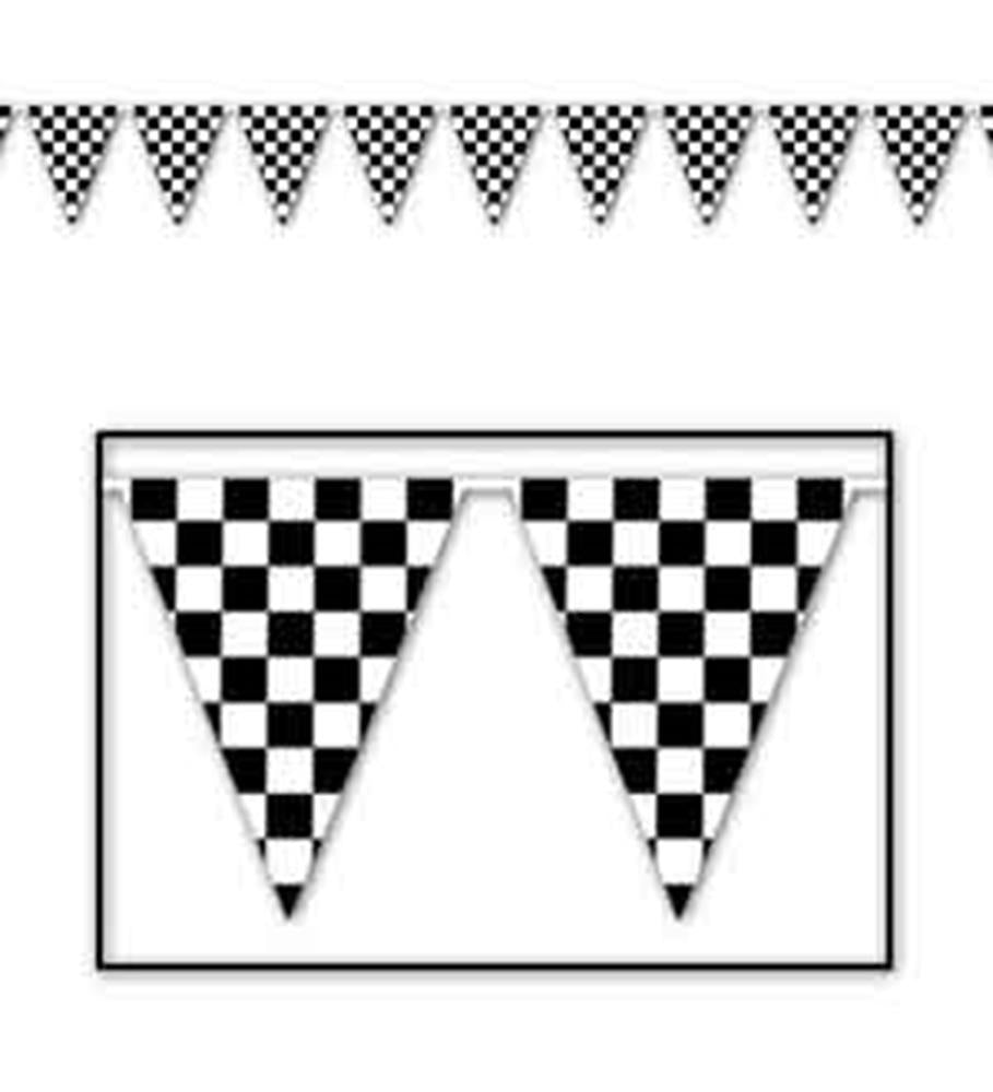 Black and white checkered triangular pennant banner flags with alternating squares design.