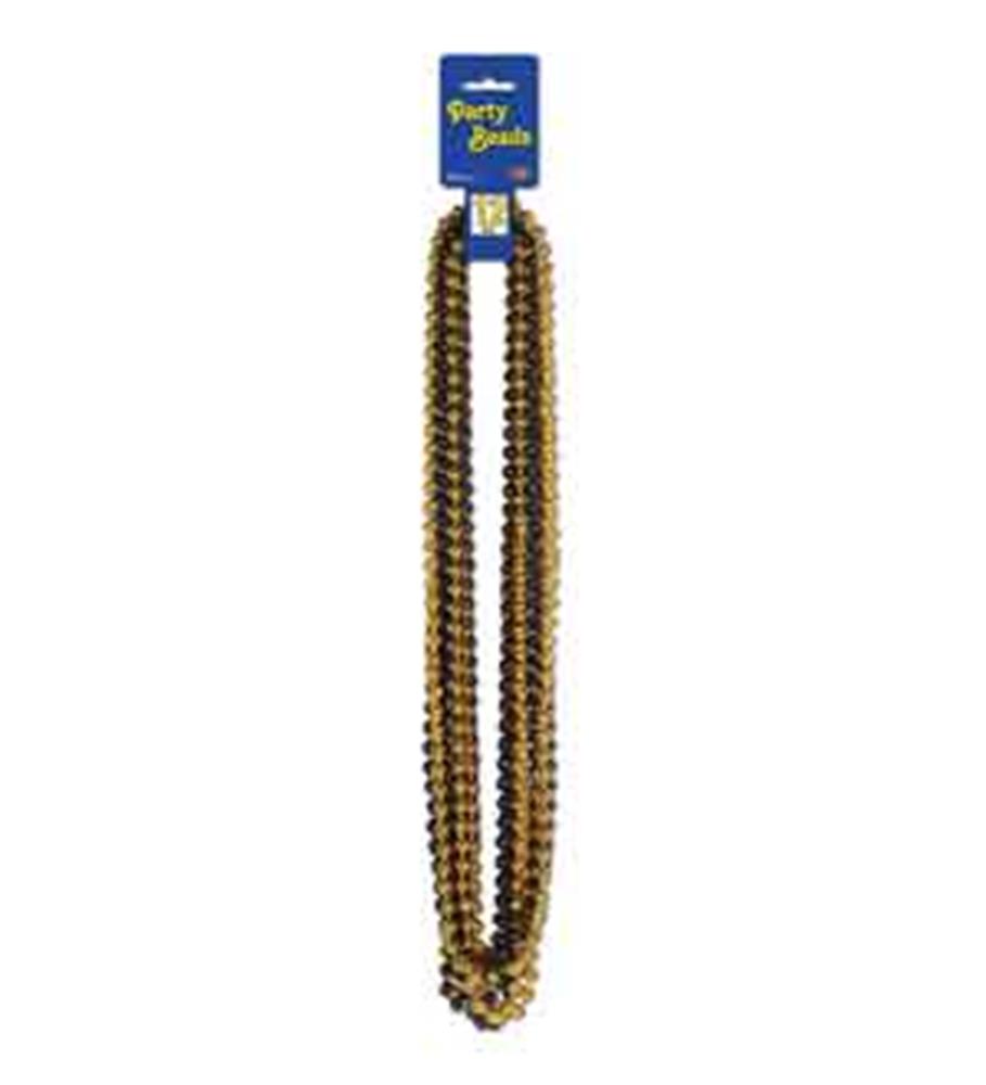 Gold and black round bead necklace with alternating colors, strung on a string with a blue and yellow retail tag at the top.