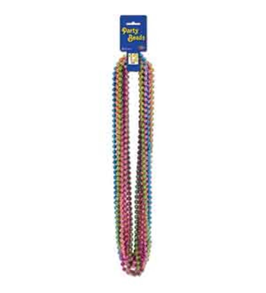 Multicolor round plastic party beads in pink, gold, blue, and purple strands hanging on blue packaging card.