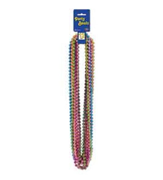 Multicolor round plastic party beads in pink, gold, blue, and purple strands hanging on blue packaging card.